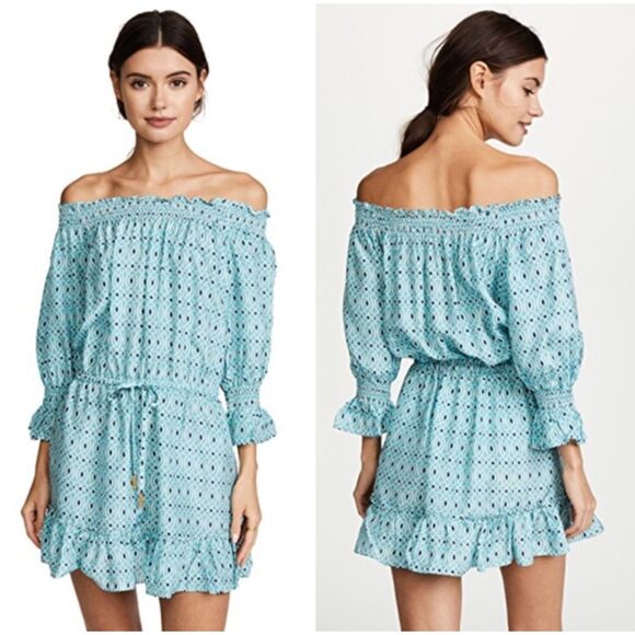 Paloma‎ Blue Womens Calypso 100% Silk Mini Blouson Off the Shoulder Dress Medium - Picture 1 of 8